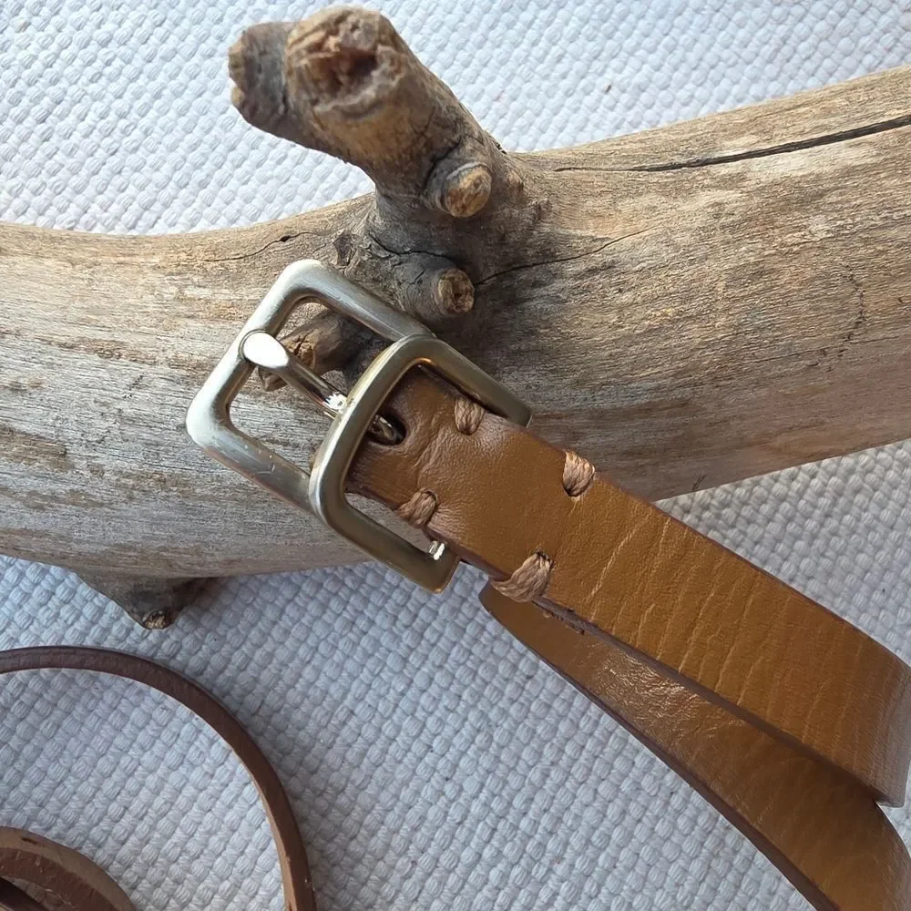Thin extra long tan 100% leather belt